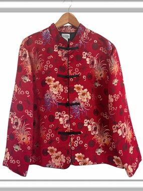 Chico's Silk Blend Red Floral Tang Jacket Size Large Chico’s 2 Mandaren Collar